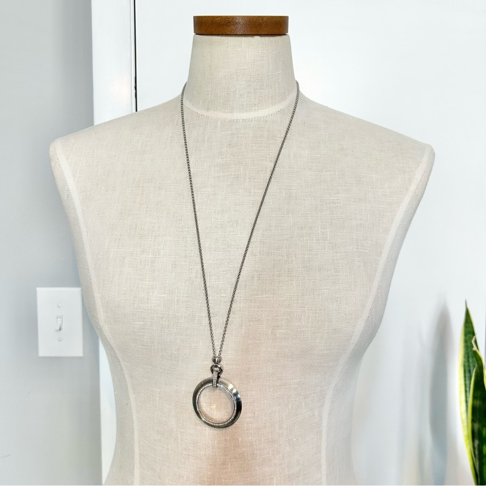 Retro (2012) Fossil silver and crystal halo pendant 30”necklace
